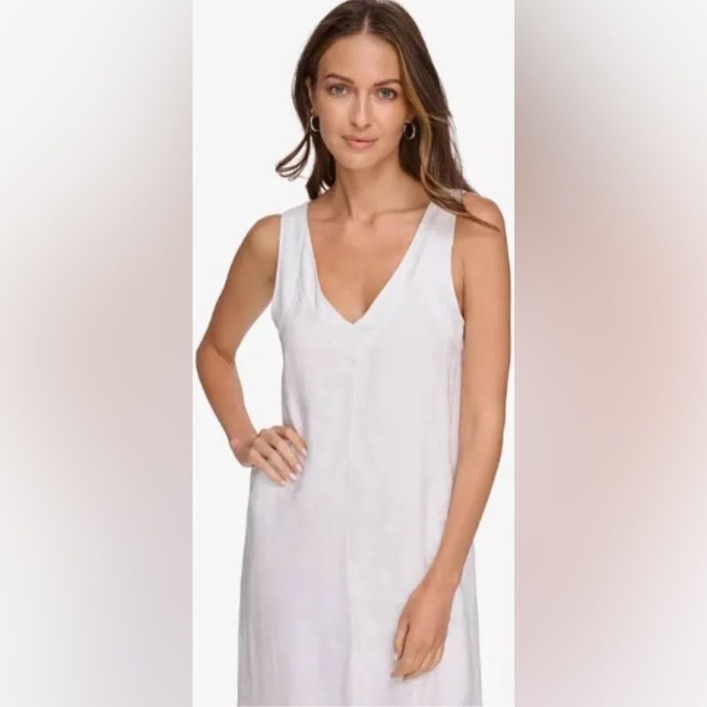 NWT DKNY linen maxi dress, white with slit and v neck, tank top XL - Picture 2 of 7